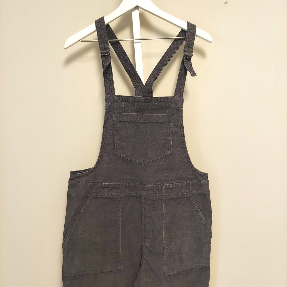 Aerie Women Charcoal Grey Corduroy Overalls Size Medium Raw Hem D-Ring Straps